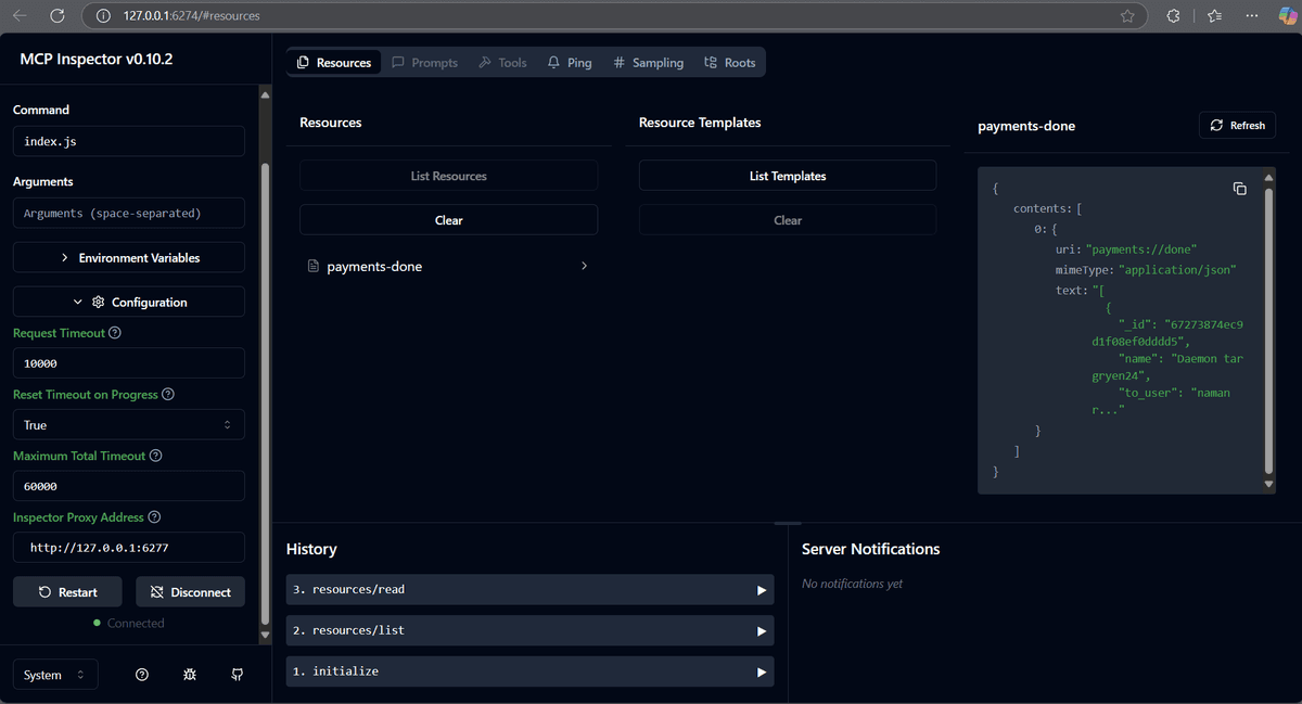 MCP Inspector showing payment records