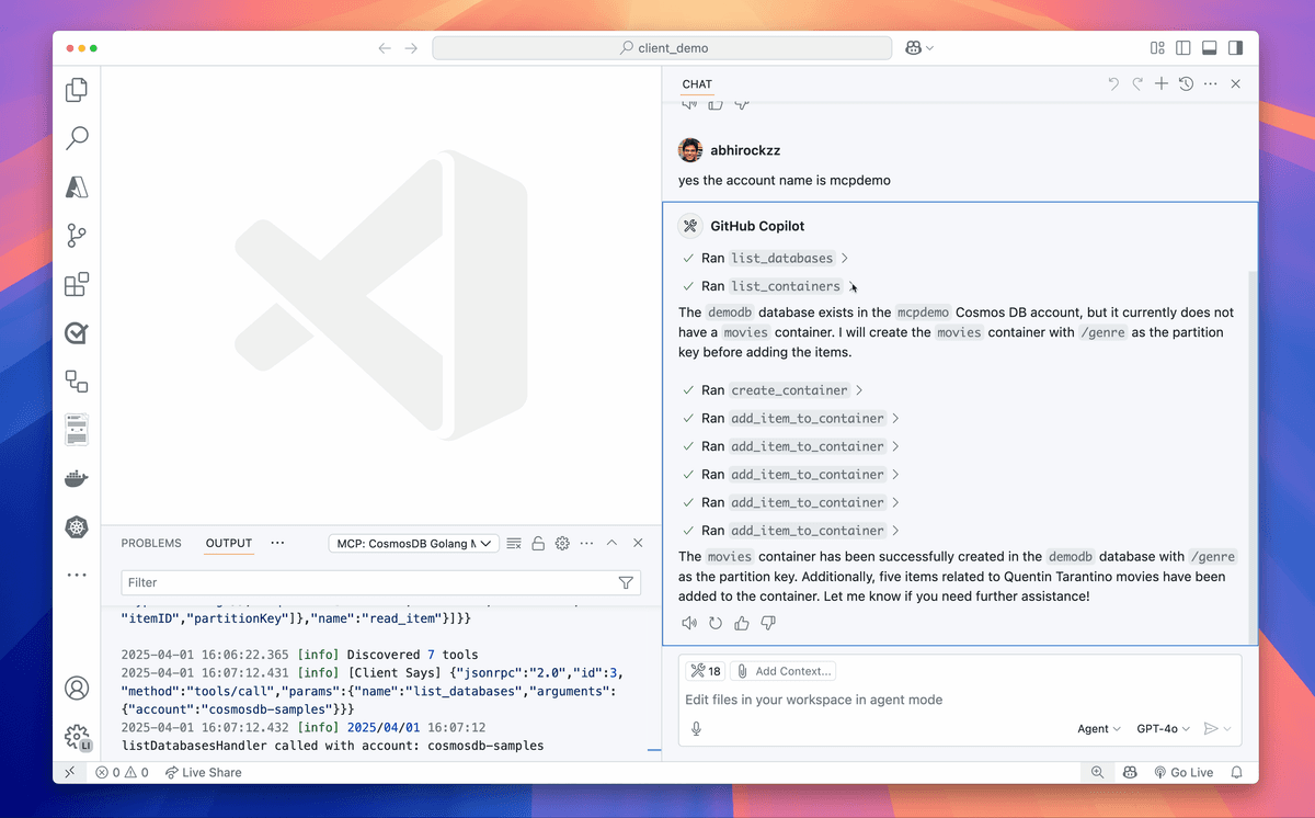 Demo: MCP server for Azure Cosmos DB using the Go SDK