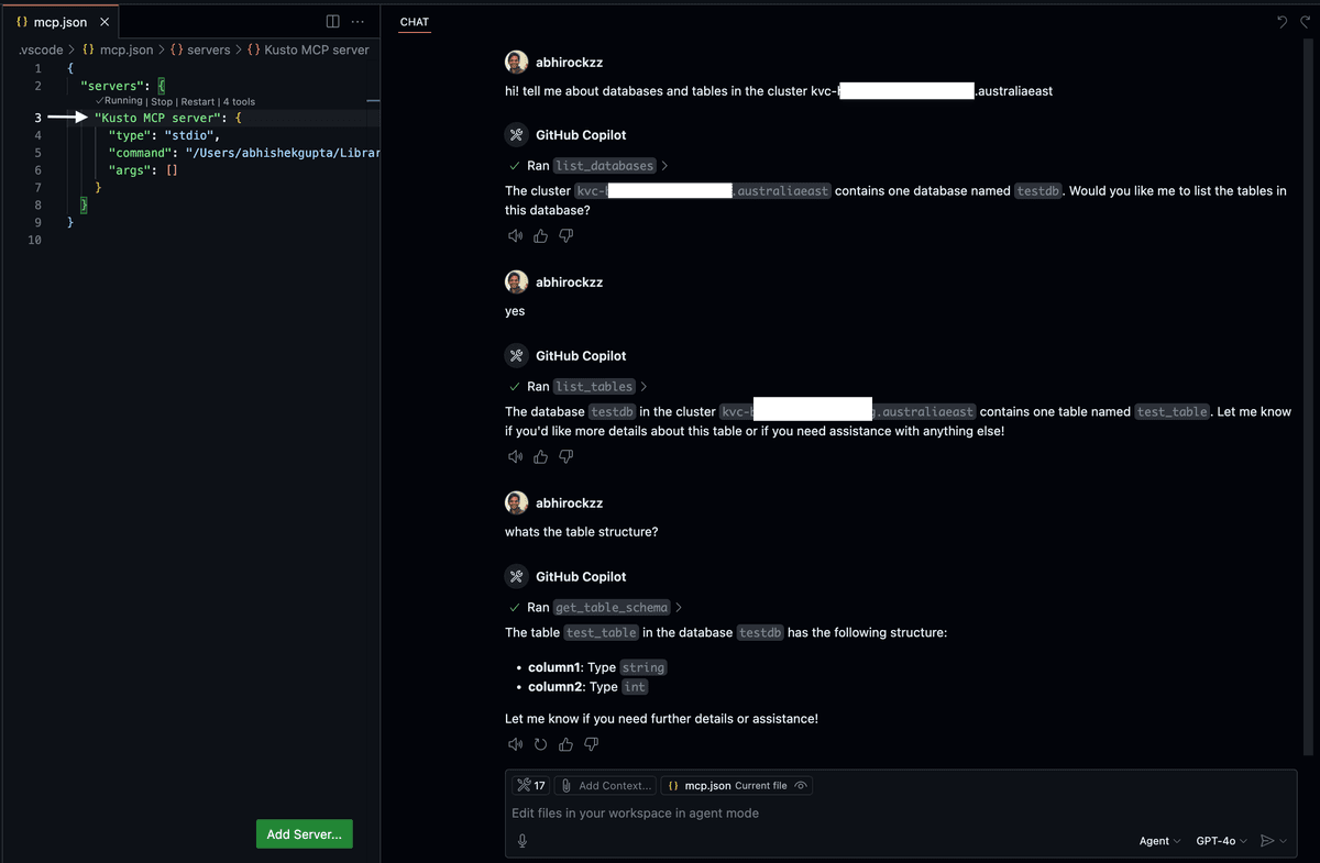 kusto mcp server in action
