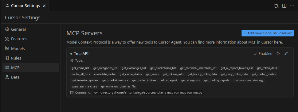 Cursor IDE integration with TokenMetrics MCP server