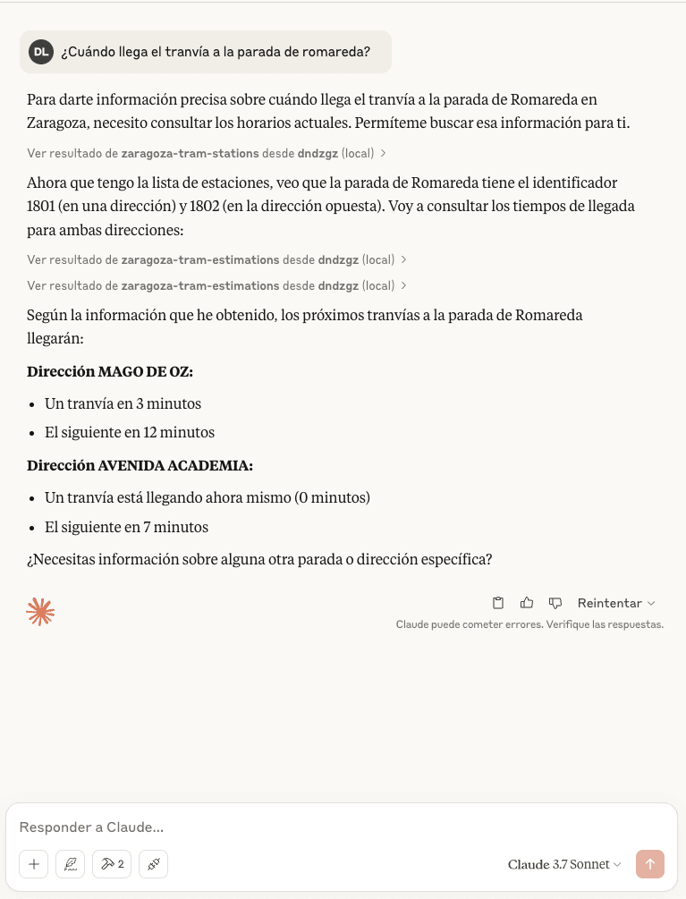 Screenshot of an example using Claude Desktop, asking in spanish to get the tram estimations for Romareda station