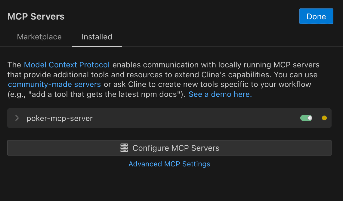 Screenshot of install mcp server