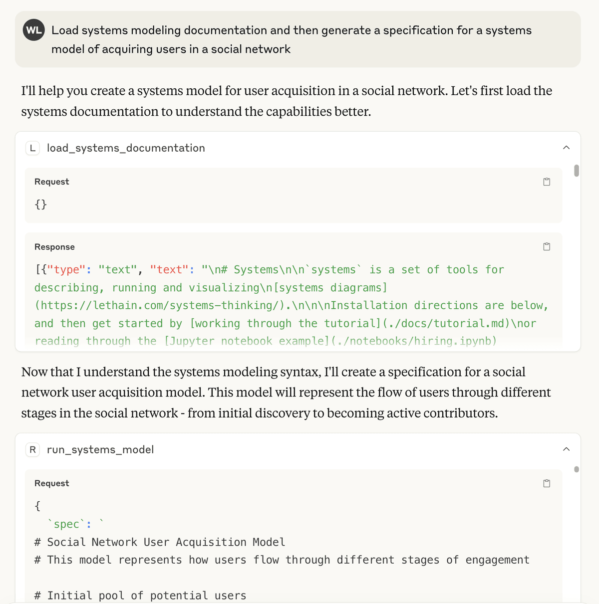 Example prompt of loading documentation into context window
