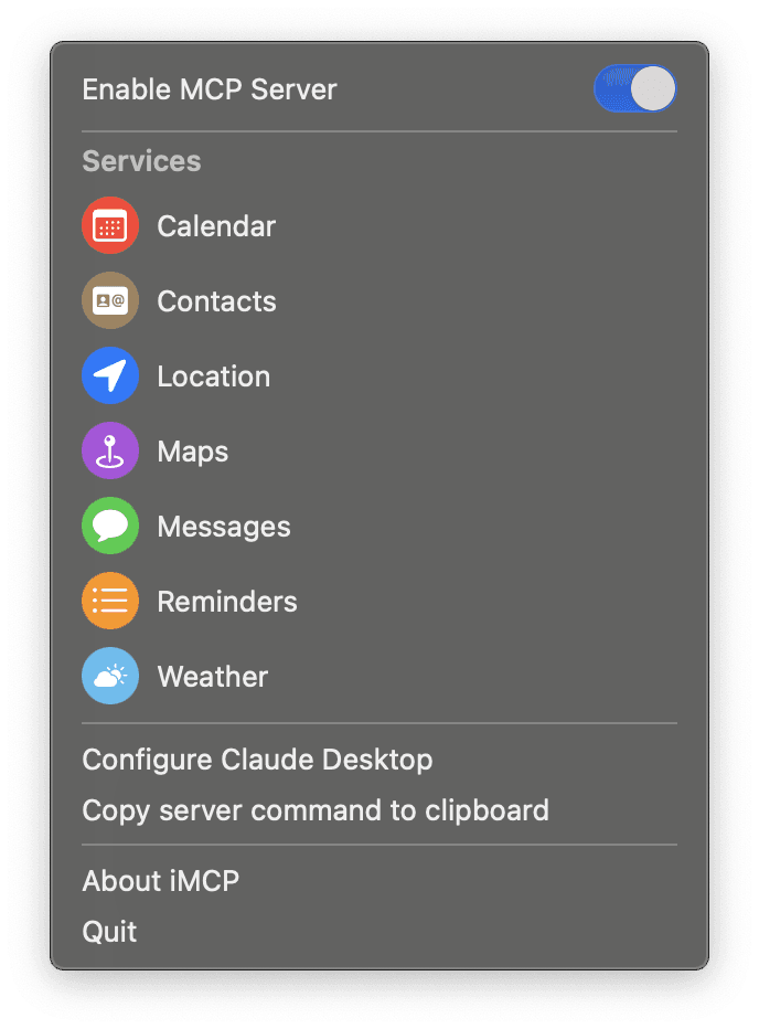 Screenshot of iMCP with all services enabled