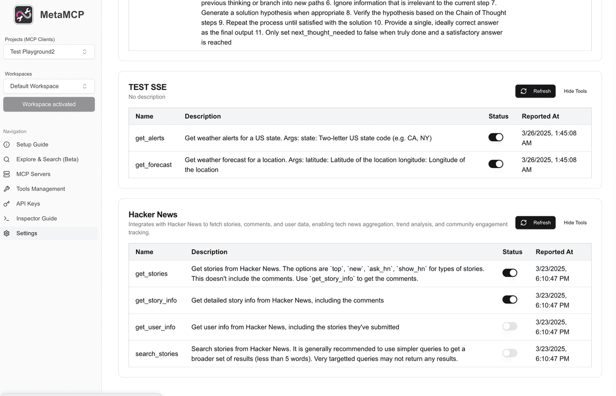MetaMCP Tool Management Screenshot