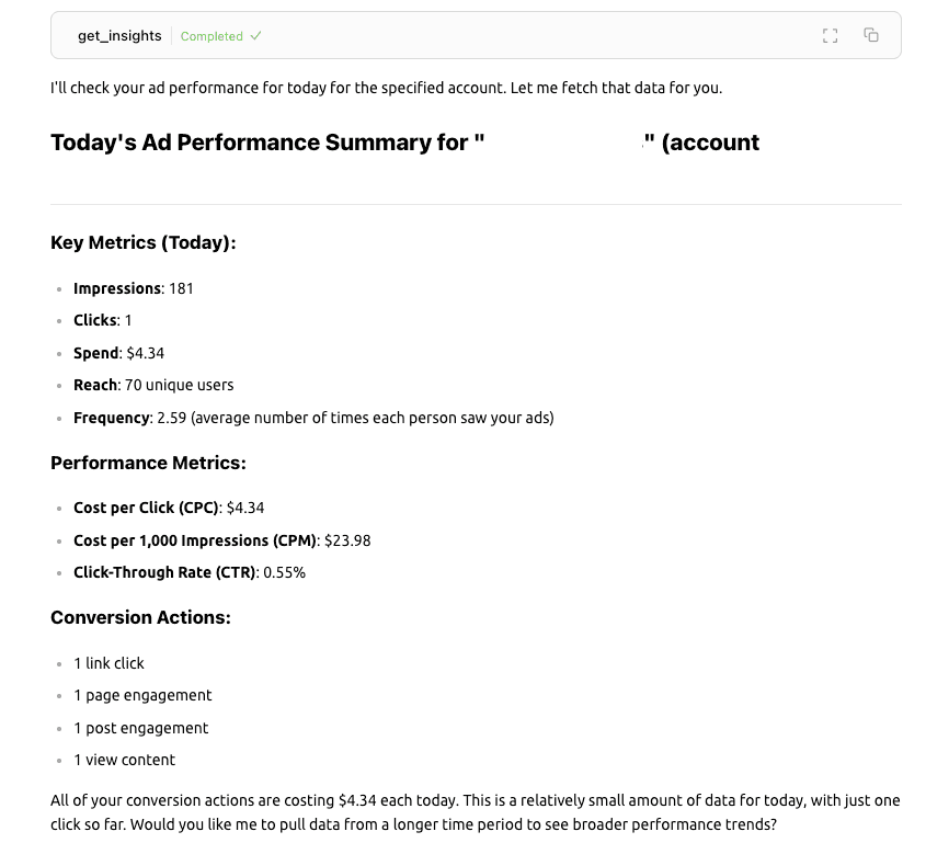 Meta Ads MCP in action: Visualize ad performance metrics and creative details directly in Claude or your favorite MCP client, with rich insights about campaign reach, engagement, and costs