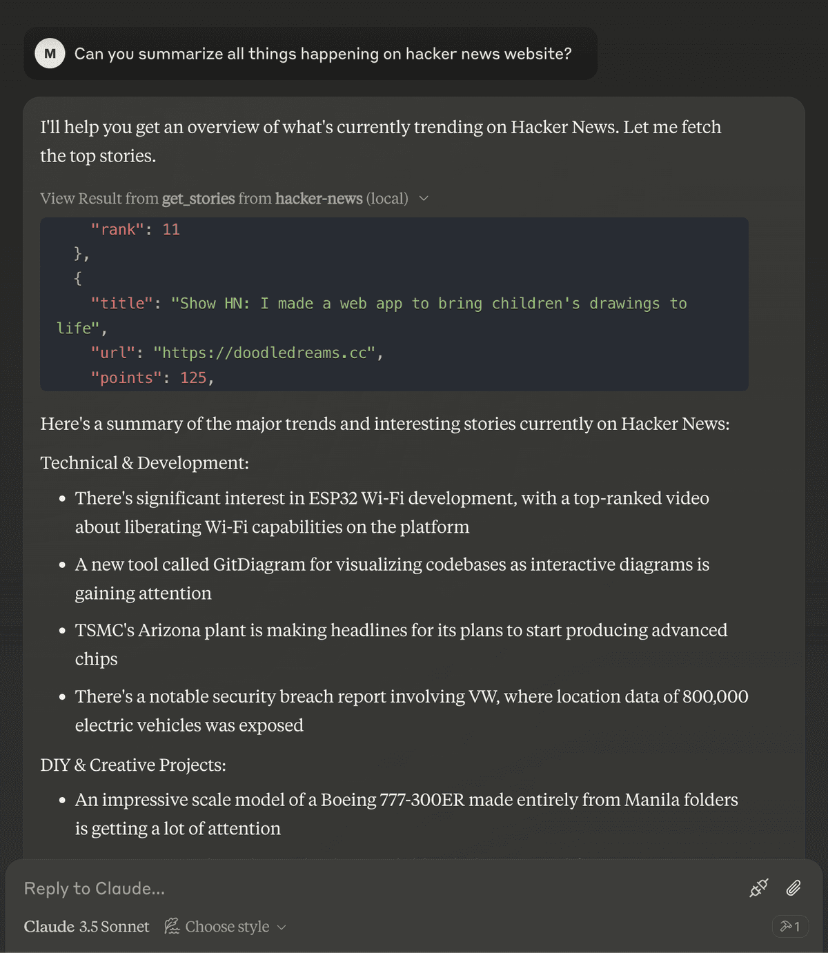 Claude using the Hacker News MCP server