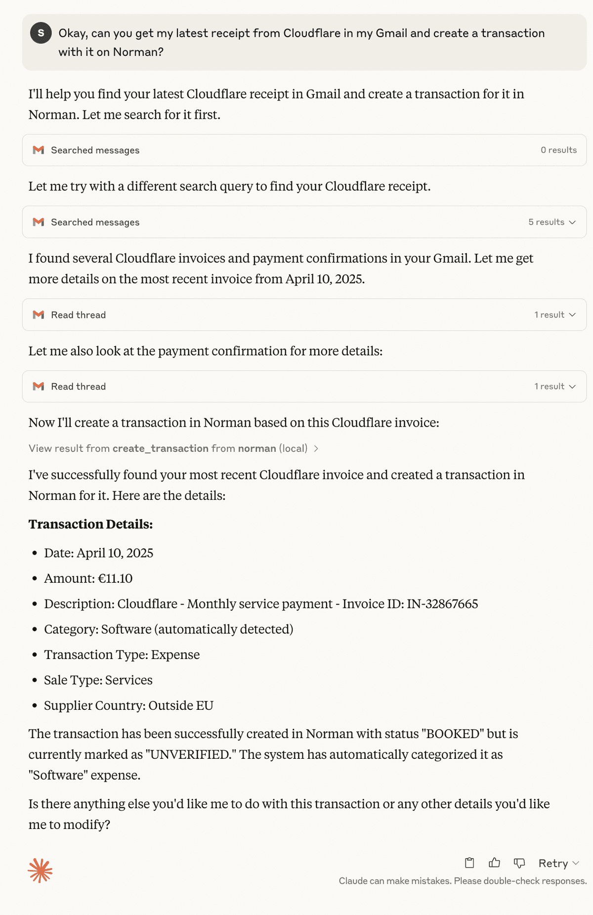 Creating transactions using Gmail receipts