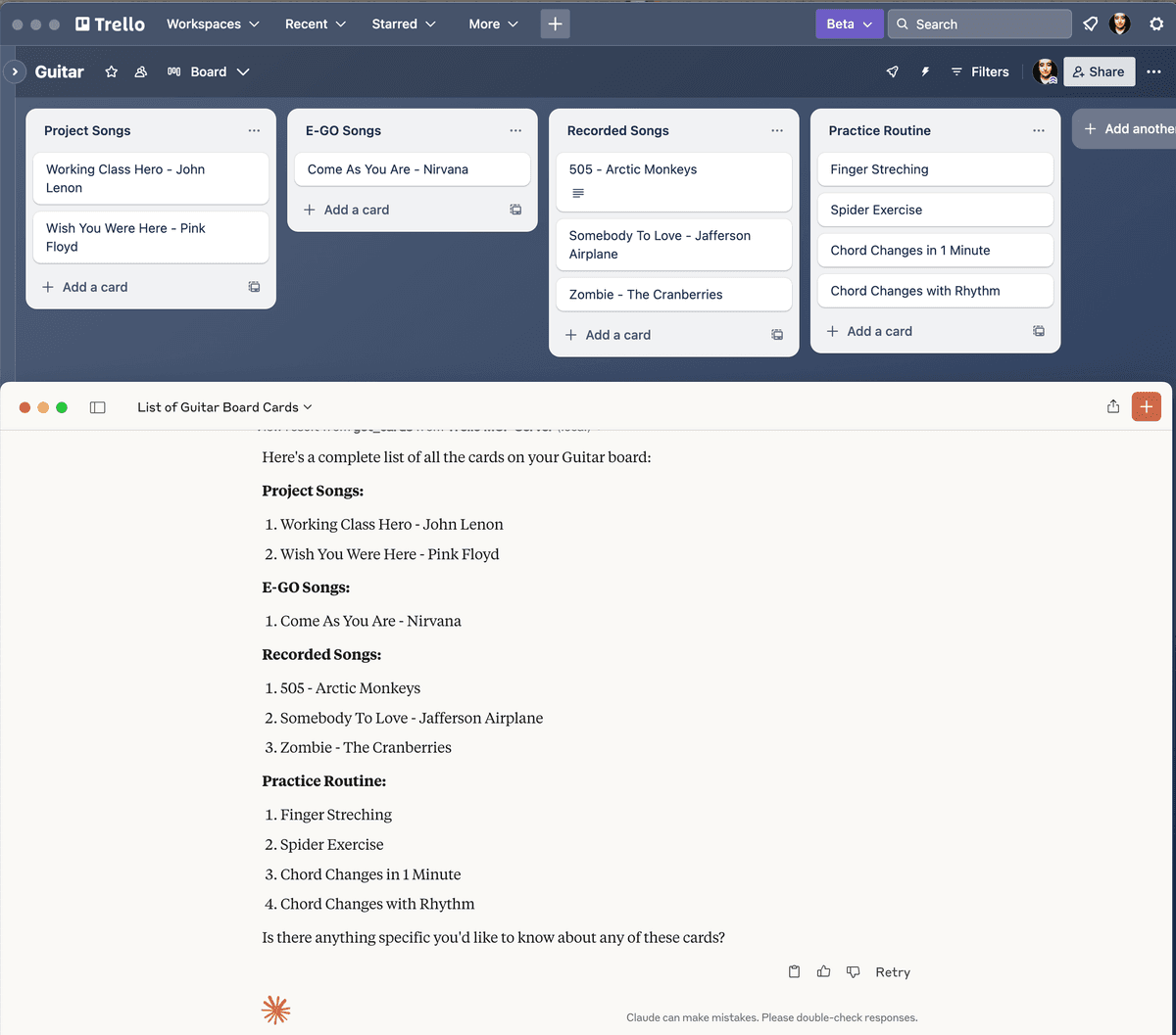 Example Usage of Trello MCP server: Asking to list all my cards in Guitar Board
