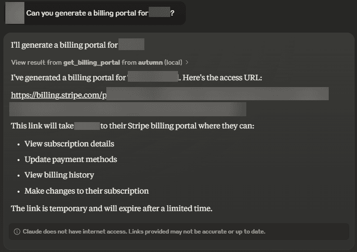Claude creating a billing portal